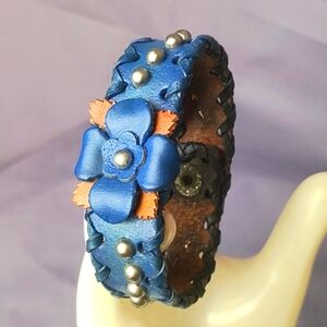 Handcrafted blue leather cuff bracelet